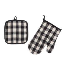 Conjunto de luvas e almofadas resistentes ao calor em preto e branco quadriculado Conjunto de luvas e almofadas resistentes ao calor em preto e branco quadriculado