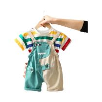 Conjunto De Macacão De Algodão Listrado Colorido Para Meninos Com Dinossauro, Manga Curta, Duas