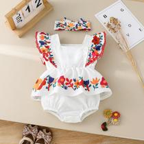 Conjunto De Macacão Floral De Verão Para Bebês Meninas Com Faixa De Cabelo, Roupas De Dois Peças