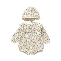 Conjunto De Macacão Floral Para Bebês Meninas Com Chapéu, Body De Musselina Com Gola Para