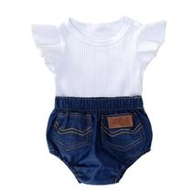Conjunto de Macacão Jeans com Bandana para Bebê - Algodão, Babados e Estilo Verão Conjunto de Macacão Jeans com Bandana para Bebê - Algodão, Babados e Estilo Verão