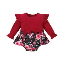 Conjunto De Macacão Para Bebê Menina Com Estampa Floral Vermelha, Manga Longa, Saia Com Babados,