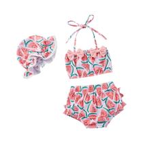 Conjunto de Maiô Infantil 3 Peças com Estampa de Melancia para Meninas Conjunto de Maiô Infantil 3 Peças com Estampa de Melancia para Meninas