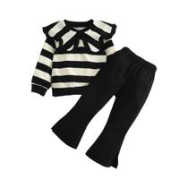 Conjunto De Manga Longa Para Meninas Com Listras, Top Plissado De Lapela Grande E Calças Boca De Conjunto De Manga Longa Para Meninas Com Listras, Top Plissado De Lapela Grande E Calças Boca De