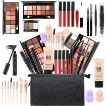 Conjunto de maquiagem KARUIZI All in One para mulheres com paletas de sombras de 2 x 14 cores, brilho labial, base, lápis de sobrancelha, delineador e pincéis