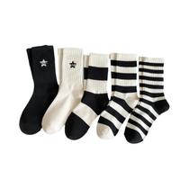 Conjunto De Meias De Algodão Listradas Pretas E Brancas Para Mulheres, 5 Pares, Meias Esportivas