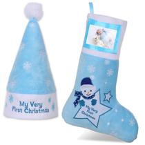 Conjunto de meias de Natal e chapéu de Papai Noel para o Primeiro Cristo do bebê