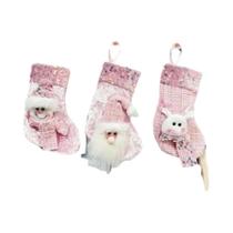 Conjunto De Meias De Natal Rosa 3 Peças: Papai Noel, Boneco De Neve E Rena Para Decoração De Lareira