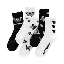 Conjunto De Meias Femininas De Comprimento Médio Preto E Branco Com Padrão De Borboleta Absorção De Conjunto De Meias Femininas De Comprimento Médio Preto E Branco Com Padrão De Borboleta Absorção De