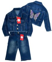 Conjunto de menina jeans jaqueta + calça jeans infantil bebê de 1 a 3 anos