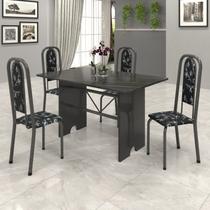 Conjunto de Mesa 120x75cm Tampo Ardósia com 4 Cadeiras Lavínea Preto/Martelado Prata/Floral