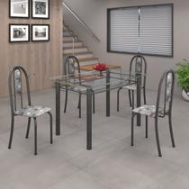 Conjunto de Mesa 120x75cm Tampo de Vidro com 4 Cadeiras Iris a Cinza/Paraopeba/Martelado Prata