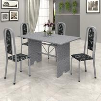 Conjunto de Mesa 120x75cm Tampo Granito com 4 Cadeiras Lavínea Cinza/Martelado Pérola/Ocre/Preto Floral Conjunto de Mesa 120x75cm Tampo Granito com 4 Cadeiras Lavínea Cinza/Martelado Pérola/Ocre/Preto Floral