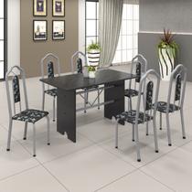 Conjunto de Mesa 140x75cm Tampo Ardosia com 6 Cadeiras Bianca Branco/Martelado Pérola/Preto Floral Conjunto de Mesa 140x75cm Tampo Ardosia com 6 Cadeiras Bianca Branco/Martelado Pérola/Preto Floral