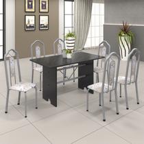 Conjunto de Mesa 140x75cm Tampo Ardósia com 6 Cadeiras Bianca Soma Móveis Branco/Martelado Perola/Ardosia Indiano/Botanic Bege
