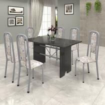 Conjunto de Mesa 140x75cm Tampo Ardósia com 6 Cadeiras Lavínea Preto/Martelado Pérola/Botanic Bege Conjunto de Mesa 140x75cm Tampo Ardósia com 6 Cadeiras Lavínea Preto/Martelado Pérola/Botanic Bege