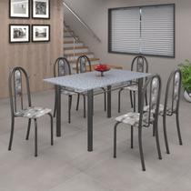 Conjunto de Mesa 140x75cm Tampo de Granito com 6 Cadeiras Iris a Cinza/Paraopeba/Martelado Prata Conjunto de Mesa 140x75cm Tampo de Granito com 6 Cadeiras Iris a Cinza/Paraopeba/Martelado Prata