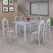 Conjunto de Mesa 140x75cm Tampo de Granito com 6 Cadeiras Iris a Soma Móveis Branco/Paraopeba/Martelado Pérola Conjunto de Mesa 140x75cm Tampo de Granito com 6 Cadeiras Iris a Soma Móveis Branco/Paraopeba/Martelado Pérola