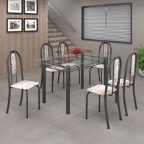 Conjunto de Mesa 140x75cm Tampo de Vidro com 6 Cadeiras Iris a Soma Móveis Cinza/Botanic Bege/Martelado Prata Conjunto de Mesa 140x75cm Tampo de Vidro com 6 Cadeiras Iris a Soma Móveis Cinza/Botanic Bege/Martelado Prata