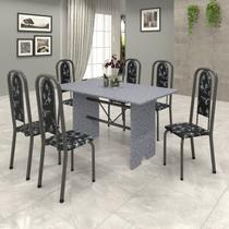 Conjunto de Mesa 140x75cm Tampo Granito com 6 Cadeiras Lavínea Cinza/Martelado Prata/Ocre/Preto Floral Conjunto de Mesa 140x75cm Tampo Granito com 6 Cadeiras Lavínea Cinza/Martelado Prata/Ocre/Preto Floral