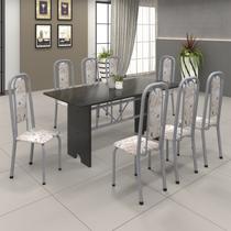 Conjunto de Mesa 180x75cm Tampo Ardósia com 8 Cadeiras Lavínea Preto/Martelado Pérola/Botanic Bege