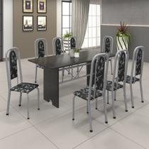 Conjunto de Mesa 180x75cm Tampo Ardósia com 8 Cadeiras Lavínea Preto/Martelado Pérola/Floral Conjunto de Mesa 180x75cm Tampo Ardósia com 8 Cadeiras Lavínea Preto/Martelado Pérola/Floral