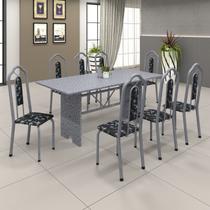 Conjunto de Mesa 180x75cm Tampo Granito com 8 Cadeiras Bianca Branco/Martelado Pérola/Ocre/Preto Floral