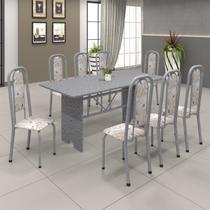 Conjunto de Mesa 180x75cm Tampo Granito com 8 Cadeiras Lavínea Cinza/Martelado Pérola/Ocre/Botanic Bege