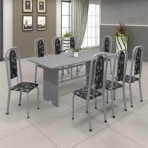 Conjunto de Mesa 180x75cm Tampo Granito com 8 Cadeiras Lavínea Cinza/Martelado Pérola/Ocre/Preto Floral