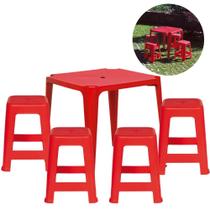 Conjunto de Mesa + 4 Banquetas Plasticas Vermelhas Praia e Bar Mor e Lazer