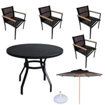 Conjunto de mesa 4 cadeiras braço madeira e ombrelone de piscina - Sarah Móveis