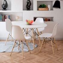 Conjunto De Mesa 4 Cadeiras Brancas Eames Eiffel 90 Cm Base Madeira Tampo Branco