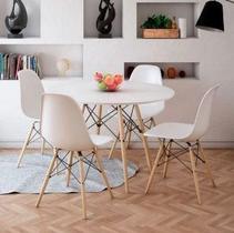 Conjunto De Mesa 4 Cadeiras Brancas Eames Eiffel 90 Cm Base Madeira Tampo Branco