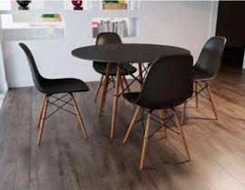 Conjunto De Mesa 4 Cadeiras Pretas Eames Eiffel 90 Cm Base Madeira Tampo Preto