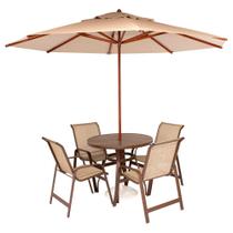 Conjunto de Mesa 80cm Ripada com 4 Cadeiras e Ombrelone para jardim, varanda, piscina, área gourmet ou espaços internos