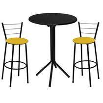 Conjunto de Mesa Bistro Alta Preta com 2 Banquetas com Encosto Assento Amarelo Fortmix