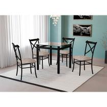 Conjunto de Mesa Cairo em Aço 80x80cm Vidro Incolor e 4 Cadeiras Bege Lunar Aço Preto