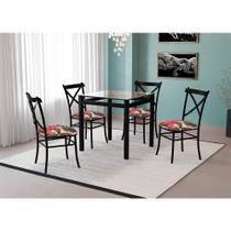 Conjunto de Mesa Cairo em Aço 80x80cm Vidro Incolor e 4 Cadeiras Floral Bromelia Vermelha Aço Preto