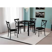 Conjunto de Mesa Cairo em Aço 80x80cm Vidro Preto e 4 Cadeiras Assento Preto Aço Preto