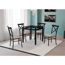 Conjunto de Mesa Cairo em Aço 80x80cm Vidro Preto e 4 Cadeiras Bege Lunar Aço Preto