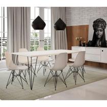 Conjunto De Mesa Clips De Ferro Preto Tampo Branco 135X75 6 Cadeiras Assento Branco Conjunto De Mesa Clips De Ferro Preto Tampo Branco 135X75 6 Cadeiras Assento Branco