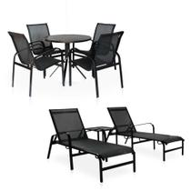 Conjunto de Mesa Com 4 Cadeiras + 2 Espreguiçadeiras e Mesa de Centro - Preto