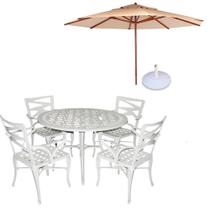 Conjunto De Mesa Com 4 Cadeiras Aluminio Fundido + Guarda Sol Bege Conjunto De Mesa Com 4 Cadeiras Aluminio Fundido + Guarda Sol Bege