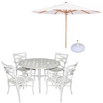 Conjunto De Mesa Com 4 Cadeiras Aluminio Fundido + Guarda Sol Branco