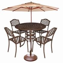 Conjunto de Mesa com 4 Cadeiras sem Braço Faveni Alumínio Fundido + Guarda Sol 3,00m