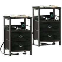 Conjunto de mesa de cabeceira Furologee Black Oak com estação de carregamento 2x