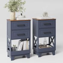 Conjunto de mesa de cabeceira ZYKZYK 2 Gavetas Azul Marinho com Topo em Noz 41x28x76 cm