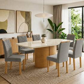 Conjunto de Mesa de Jantar 6 Lugares com Tampo de Vidro e MDF Cinamomo e Off White - Cel Móveis Conjunto de Mesa de Jantar 6 Lugares com Tampo de Vidro e MDF Cinamomo e Off White - Cel Móveis