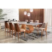 Conjunto de Mesa de Jantar Ane com 8 Cadeiras Esmeralda IV Linho Off White e Caramelo