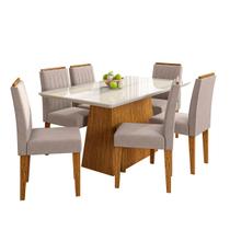 Conjunto de Mesa de Jantar Bárbara 1,60m Tampo De Madeira Com Vidro Colado e 6 Cadeiras Amanda Cor Off White Ypê WD25 New Ceval